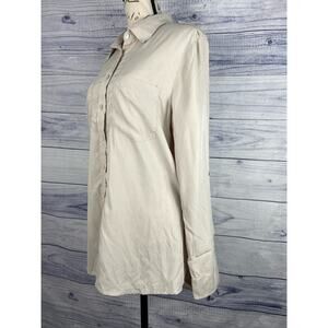 Chicos 2 Button Front Blouse Womens L Collar Long Roll Tab Sleeve Modal Blend